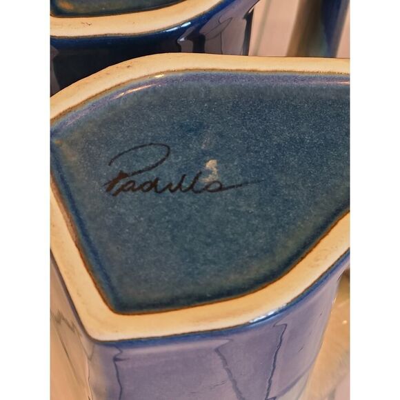 Padilla Set of (2) 4¼" Drip Glazed Blue/Beige Stoneware Mugs Unique Signed EUC - Picture 7 of 15